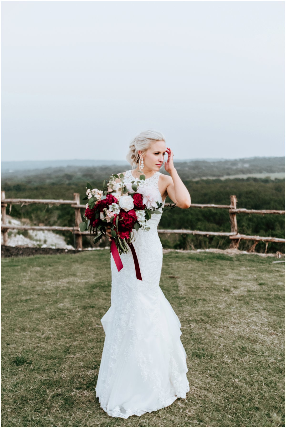 Bridal Portraits Cliff Portraits Pink Wine Cranberry Navy Wedding - Dove Ridge Vineyard - Fort Worth Dallas - Wichita Wedding Photographer