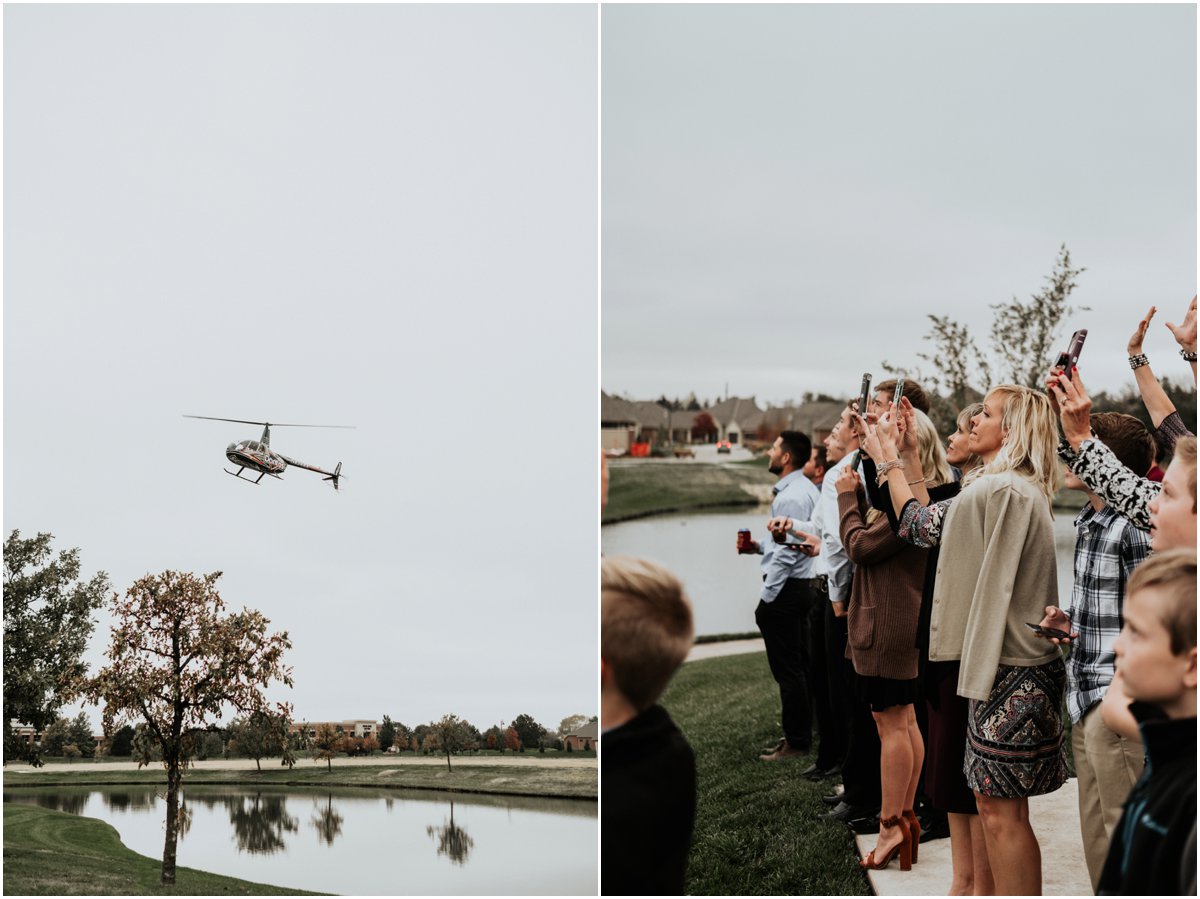 Wichita Noahs Helicopter Grand Entrance Marsala and Gold Wedding Portraits, Wichita, Kansas Wedding Photography