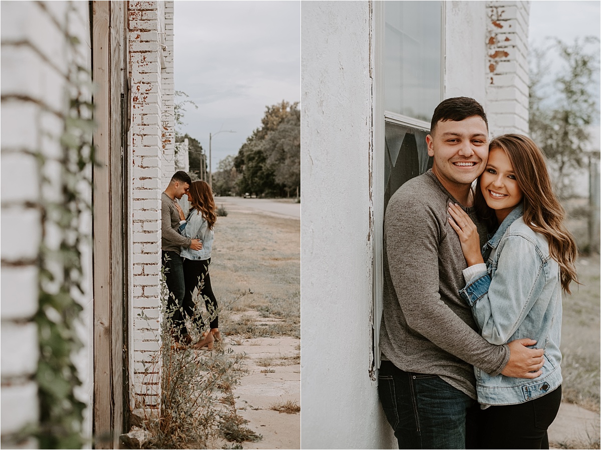 Couple looking at each other while leaning against and abandoned building and a portrait smiling 
