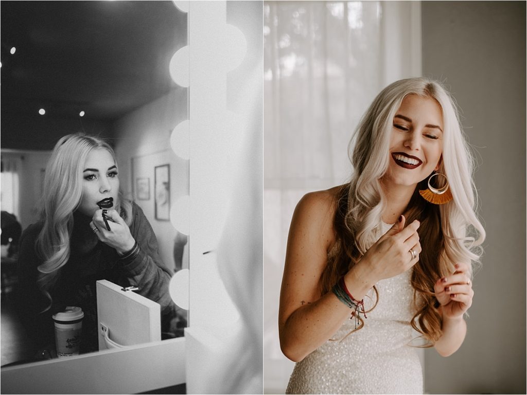 Two photos side by side of bride getting ready before wedding 
